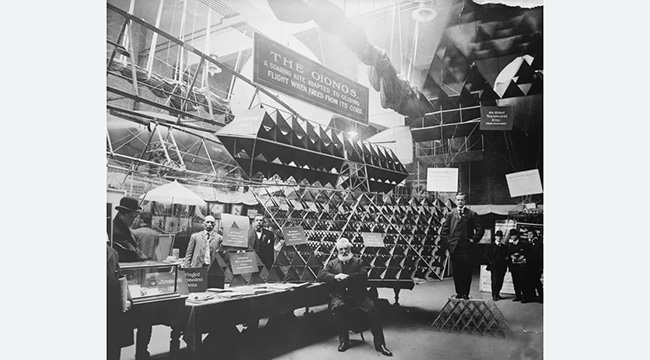  Kite display in Transportation Building, including many tetrahedral kites and a sign for 'The Oionos' Kite modeled after Alexander Graham Bell's prototype, St. Louis Expo Air Show, Missouri, 1904. Bettmann Archive / Getty Images